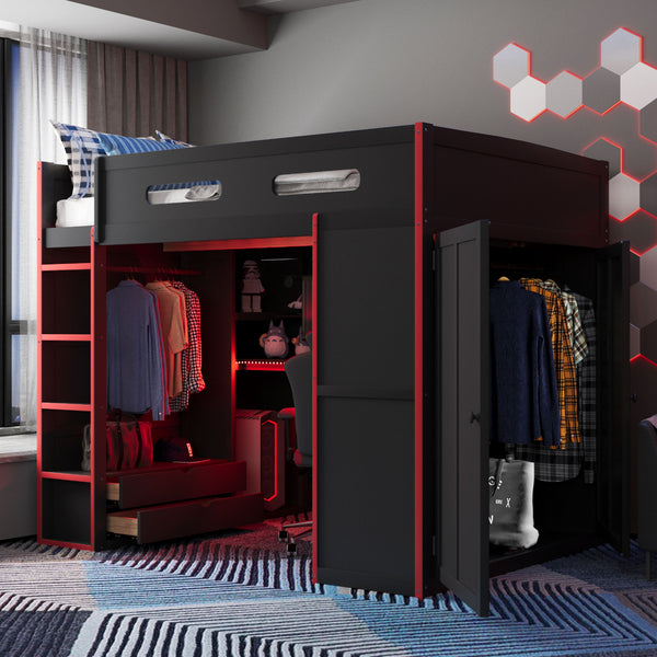 English Elm Full Size Gaming Loft Bed with Rgb Lighting Desk Wardrobe and Built-in Storage Red LT100261AAR