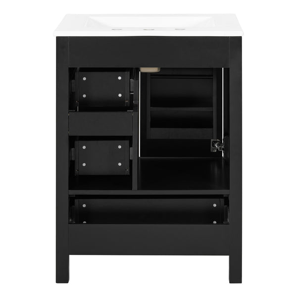 English Elm Modern 24 Inch Bathroom Vanity Solid Wood Cabinet with Ceramic Sink and Soft Close Storage Black N729P292859B