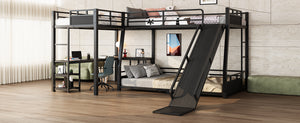 English Elm L-shaped Metal Triple Bunk Bed with Slide Desk Shelves Sleep Study Play Zone W1580S00280
