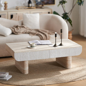 English Elm Coffee Table Mid Century Modern Oval with Faux Marble Top, Fluted Hidden Drawer, Small Space Friendly W3040P382310