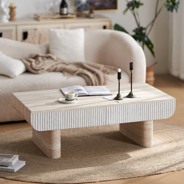 English Elm Coffee Table Mid Century Modern Oval with Faux Marble Top, Fluted Hidden Drawer, Small Space Friendly W3040P382310