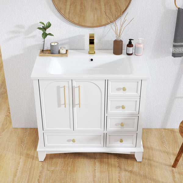 English Elm 35.6" Freestanding Bathroom Vanity with Roman Column Base and Ceramic Integrated Sink White W1801S00003