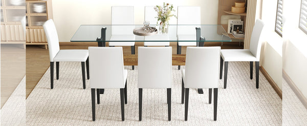 English Elm Table And Chair Set - 79" Tempered Glass Top With X-Shaped Black Metal Legs & 8 Comfortable Pu Chairs W1151S03622-GIGA