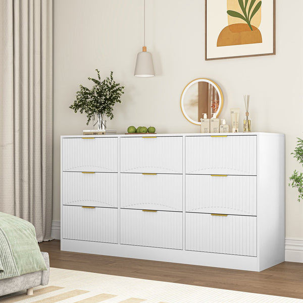 English Elm Black Nine Drawer Wide Dresser Matte Wood Chest with Wavy Relief Panels Bedroom Storage White W409P307539