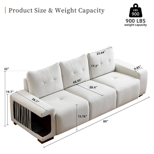 English Elm 3 Seater Sofa Modern 89" Beige Velvet Couch for Small Spaces Cat-Friendly Waterproof Scratch-Resistant W2656S00001