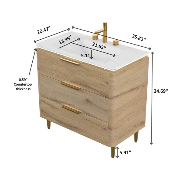 English Elm AMARA 36'' Bathroom Vanity with Integrated Sintered Stone Basin, Preassembled Plywood Cabinet, LED Motion Sensor Storage Carrara White,White Oak W2615P346336