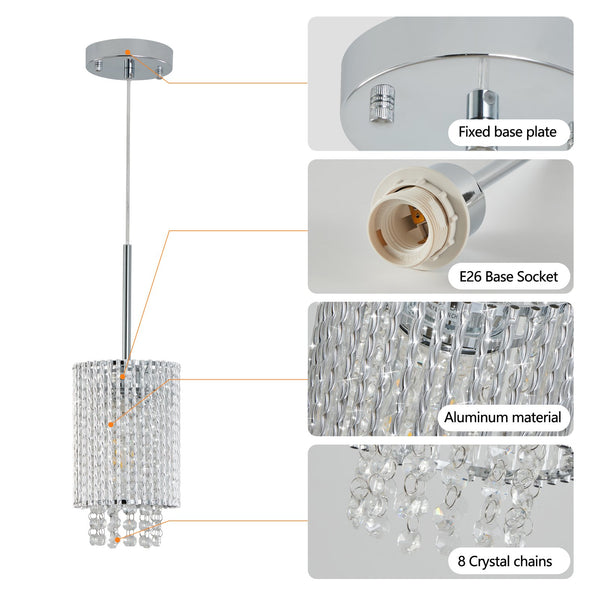 English Elm 5" Modern Crystal Pendant Light 3-Pack Adjustable Chrome Ceiling Fixture with Clear Beads, Slim Elegant Design for Kitchen Island, Dining Room, Living Room W2312P374972