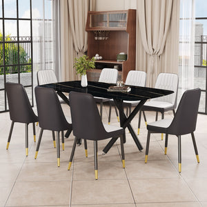 English Elm 1 Table and 8 Chairs Set.A Rectangular Dining Table With A Imitation Marble Black Table Top and Black Metal Legs.Paired With 8 Chairs With Pu Leather Seat Cushion and Black Metal Legs.F-1538,C-007