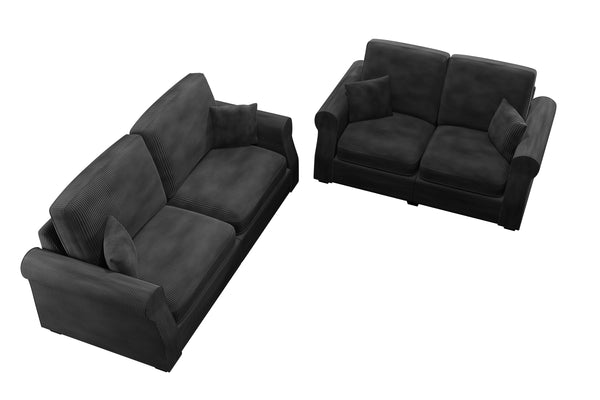 English Elm Black Corduroy Upholstered Sofa and Loveseat Set for Contemporary Living Rooms Black B011S02183