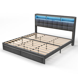 English Elm King LED Linen Platform Bed with Headboard Storage, 2 Drawers, Fast Charging & Mood Lights W1550P190363