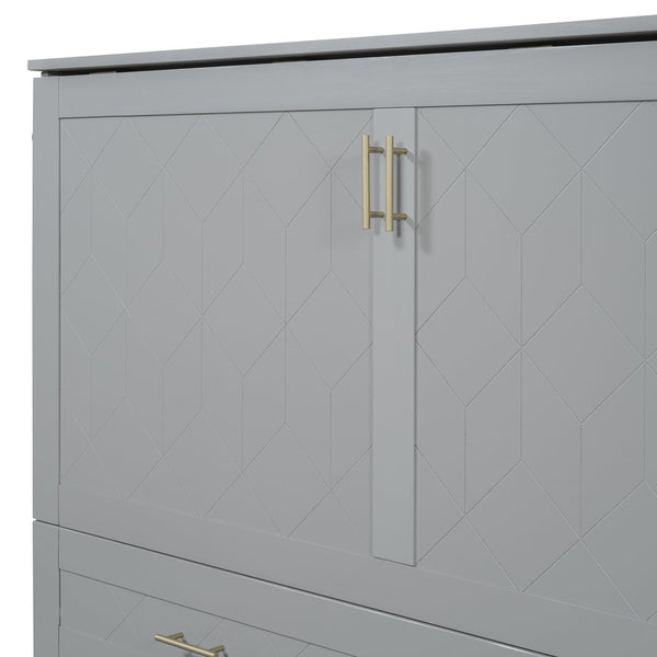 English Elm Queen Murphy Wall Bed Cabinet with Storage Drawer Built-in Power Outlets Usb Ports Gray LP000400AAE
