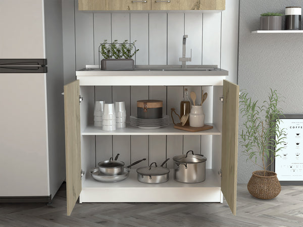 English Elm Oklahoma Practical Utility Sink Cabinet with Double Doors, Stainless Steel Top, Easy Assembly, Storage B128S00139