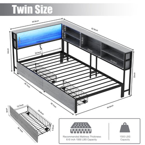 English Elm Twin Corner Daybed with Bookcase Headboard Led Lighting and Usb Charging Ports W3107P396518