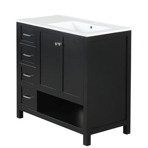 English Elm 36" Freestanding Bathroom Vanity Solid Wood Mdf Cabinet Ceramic Undermount Sink Open Shelf Black N725P364203B