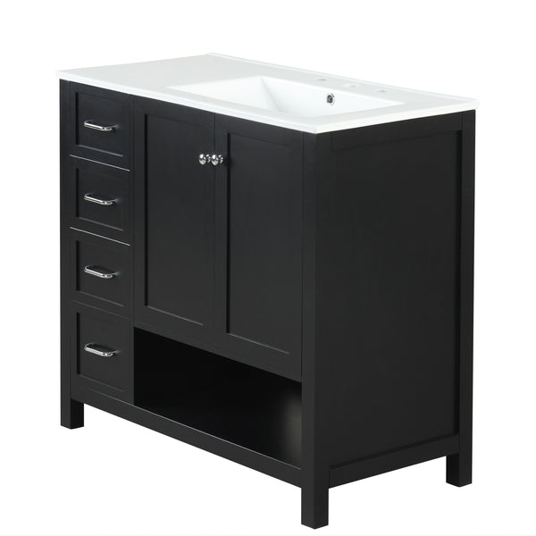 English Elm 36" Freestanding Bathroom Vanity Solid Wood Mdf Cabinet Ceramic Undermount Sink Open Shelf Black N725P364203B