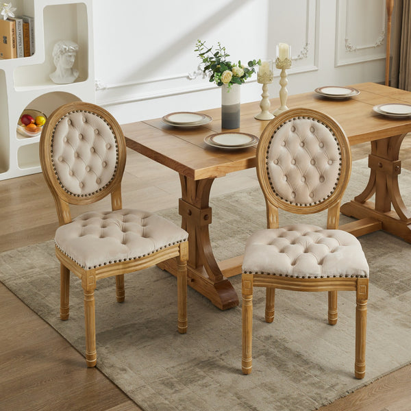 English Elm French Solid Wood Dining Chair with Velvet Upholstery, Nailhead Trim, High-Density Foam & Springs Beige W1143P195870