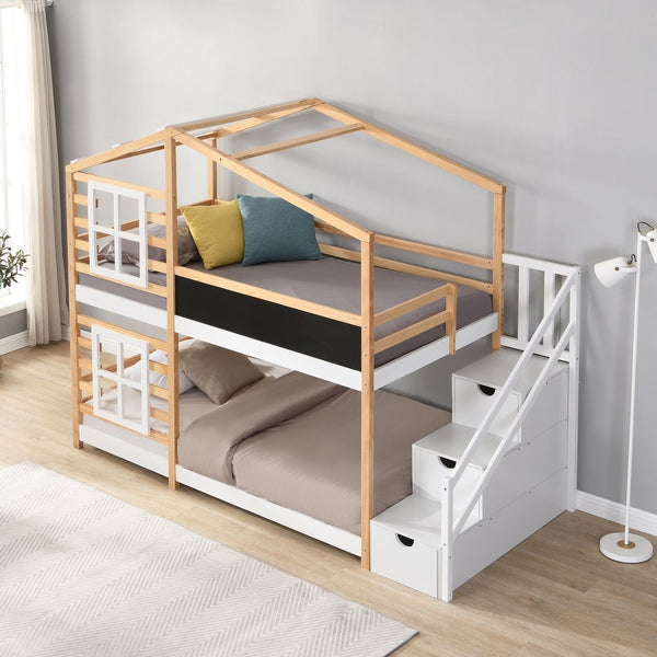 English Elm Twin Over Solid Pine House Bunk Bed with Blackboard Storage Staircase W495S00012