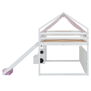 English Elm Full Size Kids House Loft Bed Pinewood Frame with Tent Slide and Play Storage White LT000683AAK