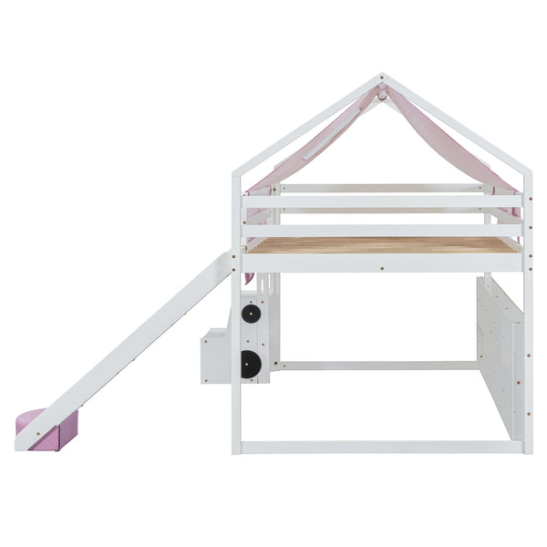 English Elm Full Size Kids House Loft Bed Pinewood Frame with Tent Slide and Play Storage White LT000683AAK