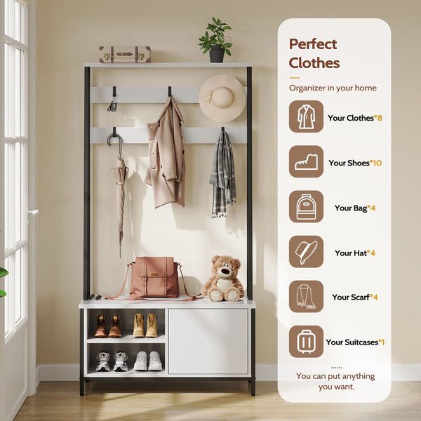 English Elm Hall Tree Entryway Organizer with Flip Shoe Cabinet Cushioned Bench and Industrial Wood Frame White+Black T5618P448214