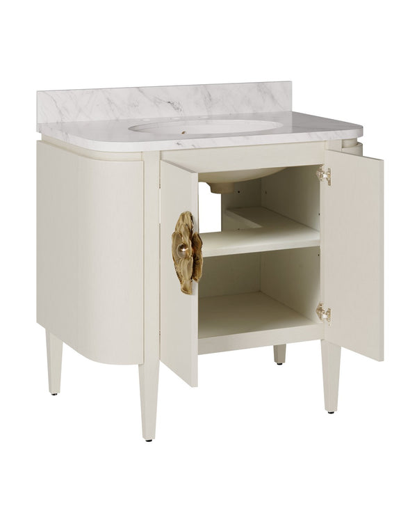 Currey & Company Briallen 36" Vanity With Elegant Carrara Marble Top And Polished Nickel Brass Flower Pull Storage Solutions Ivory White Oak Solids & Veneers ,Carrara Marble ,Vitreous China ,Brass 3800-0016-currey-company