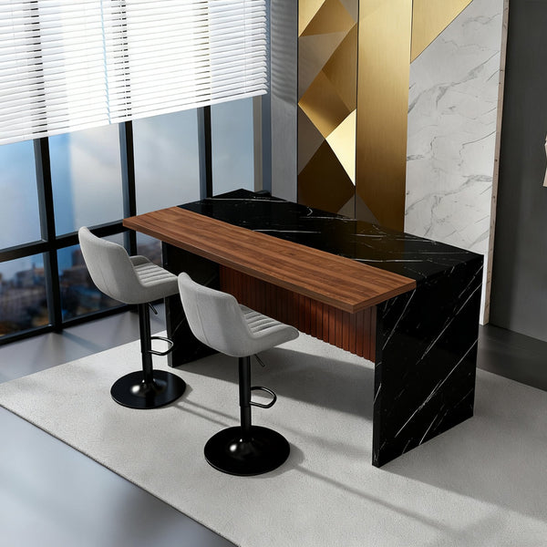 English Elm 63" Modern Kitchen Island Set With 2 Gray Bar Stools - Stylish Black Marble, Led Lighting, Durable Design W2699S00068