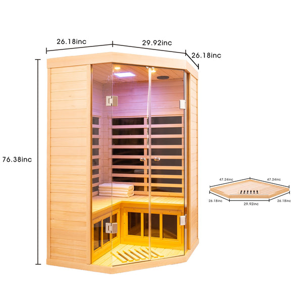 English Elm Low Emf Two Person Hemlock Far Infrared Sauna with Double Glass Doors and Bluetooth W632S00018