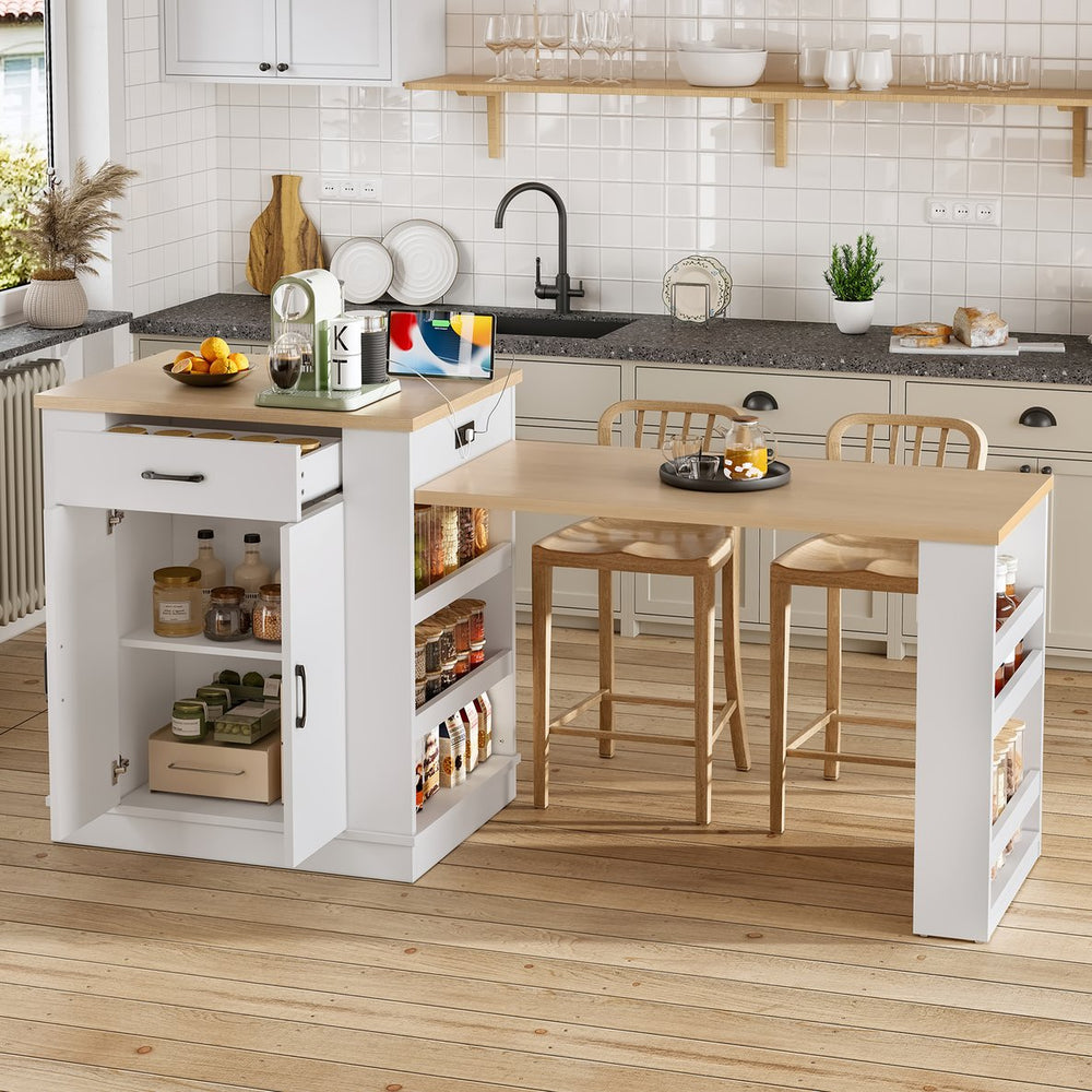 English Elm Extendable Kitchen Island with Storage Drawers Open Shelving and Cabinet in White W1580S00273