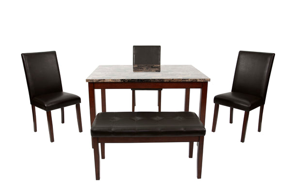 English Elm 5 5-Piece Dining Set with Faux Marble Top, Two-Tone Finish, Upholstered Chairs & Bench for Versatile Spaces B089P390143