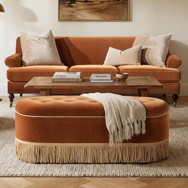English Elm Melinda Velvet Storage Bench with Button Tufting and Bullion Fringe Bedroom Accent B2719P479032