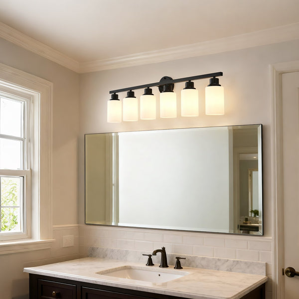 English Elm 6-light Matte Black Linear Wall Sconce White Glass Shades for Bedroom or Vanity W5008P389852