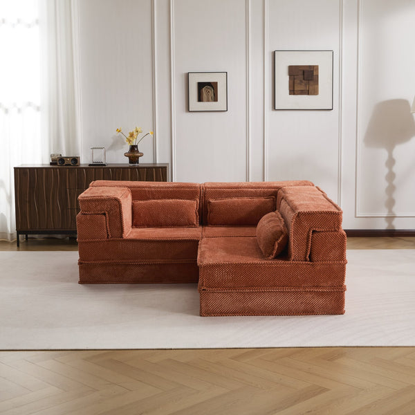 English Elm Compression Modular Sofa Bed - Oversized Convertible Sectional With Plush Fleece & 3 Pillows, Orange W3723S00018