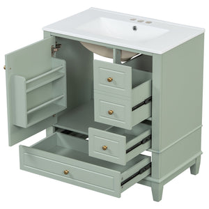 English Elm Christopher Knight Home® - 30" Freestanding Bathroom Vanity with Ceramic Sink, Soft-Close Door, Gold Knobs & 3 Drawers, Durable Painted Finish Light Green N759P225994G
