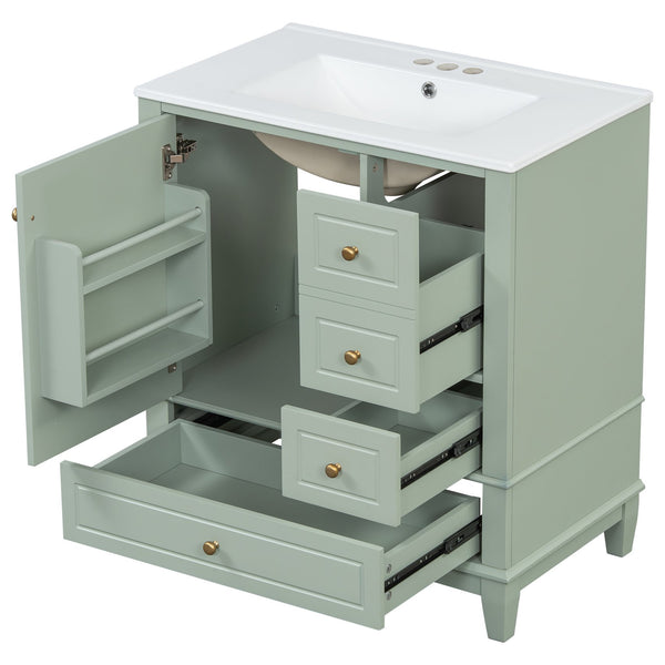 English Elm Christopher Knight Home® - 30" Freestanding Bathroom Vanity with Ceramic Sink, Soft-Close Door, Gold Knobs & 3 Drawers, Durable Painted Finish Light Green N759P225994G
