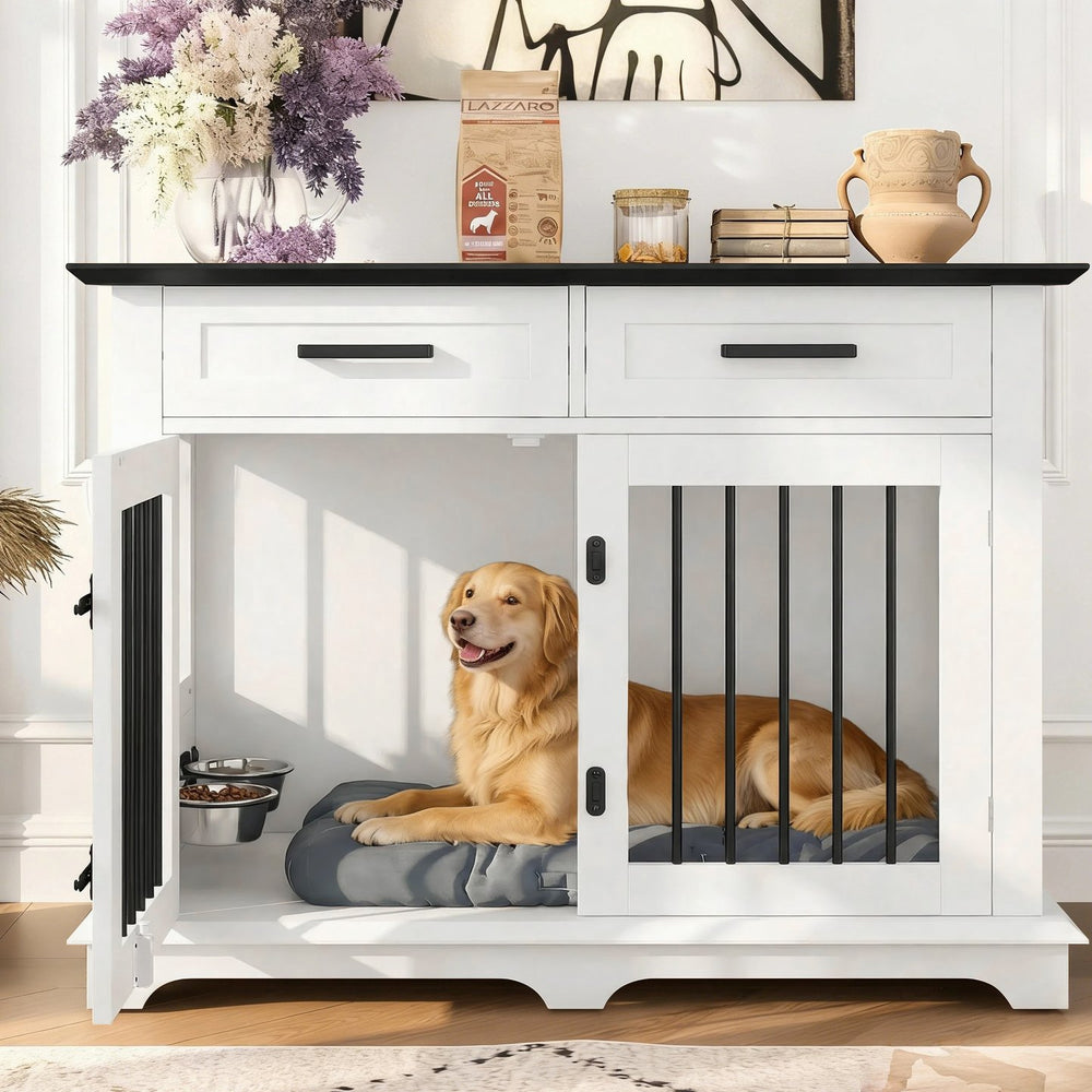 English Elm 44.48" Wooden Dog Crate End Table with Drawers Rotating Bowls Farmhouse Pet Kennel Black,White N704P379112K