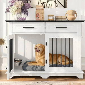 English Elm 44.48" Wooden Dog Crate End Table with Drawers Rotating Bowls Farmhouse Pet Kennel Black,White N704P379112K