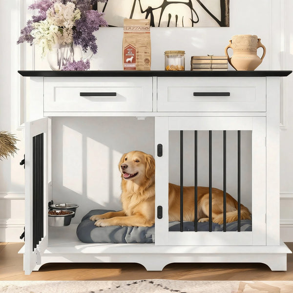 English Elm 44.48" Wooden Dog Crate End Table with Drawers Rotating Bowls Farmhouse Pet Kennel Black,White N704P379112K