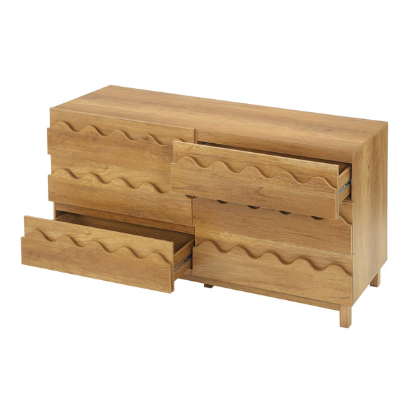 English Elm 60" Wave Front Six Drawer Dresser Sculptural Engineered Wood Media Console for Bedroom Oak N739S0000011N