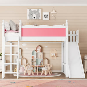 English Elm Queen Loft Bed With Fun Slide, Storage Shelves, Solid Wood Construction, Pink & White Finish, Easy Assemble W1580S00248-GIGA