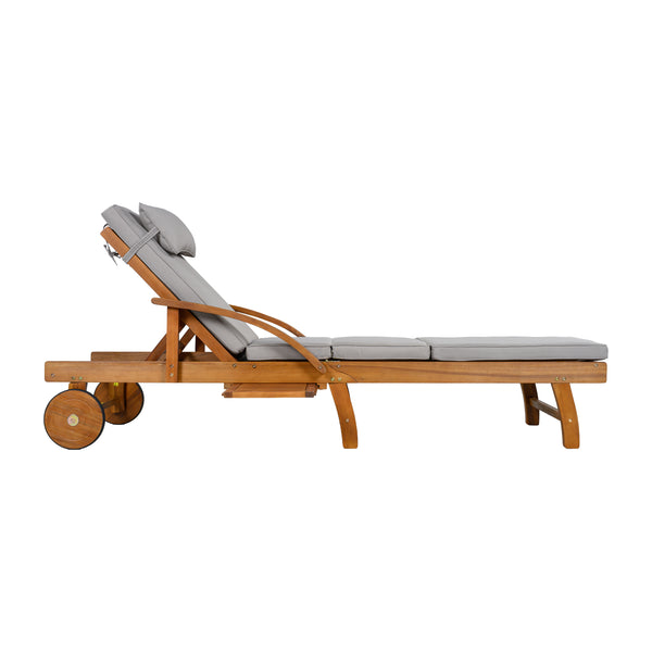 English Elm U_style Acacia Wood Outdoor Chaise Lounger with Reclining Backrest Cushions and Side Tray Gray N711P415859E