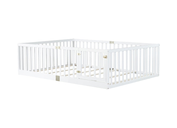 English Elm Twin Floor Bed Solid Rubber Wood with Tall Safety Railings for Toddler Sleep White W504P287658