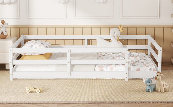 English Elm Twin Montessori Pine Floor Bed with Full Fence Rails for Kids Cozy Bedroom W1820P398987