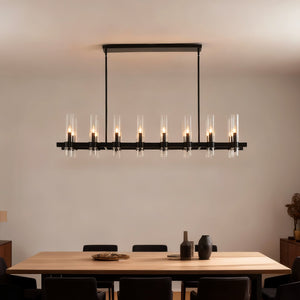 English Elm 63 Inch Matte Black Linear Chandelier 16 Seeded Glass Shades Modern Farmhouse Dining W5008P392739