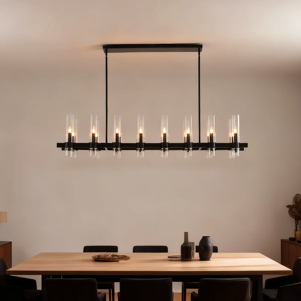 English Elm 63 Inch Matte Black Linear Chandelier 16 Seeded Glass Shades Modern Farmhouse Dining W5008P392739