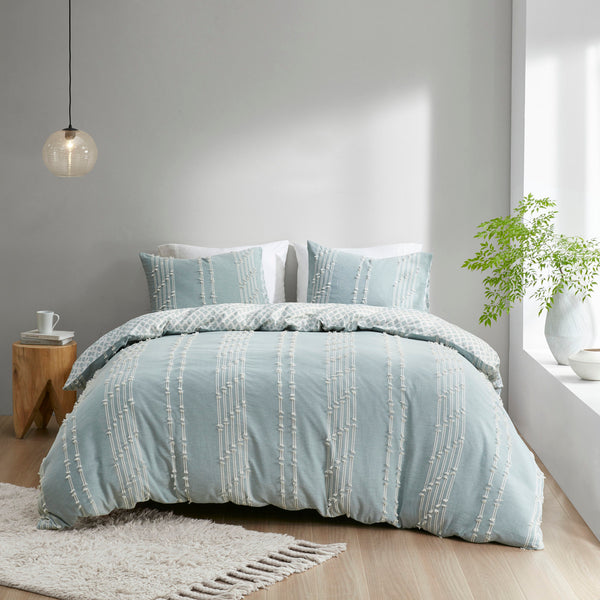 English Elm Full/Queen Kara Cotton Jacquard Duvet Cover Set – Aqua/Ivory Reversible Stripes & Diamond Print, OEKO-TEX Certified, 3-Piece Bedding B03596482