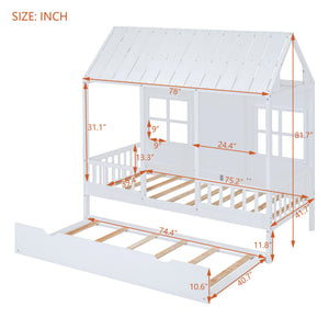 English Elm Twin House Bed White Pinewood Frame with Pull Out Trundle for Kids Bedroom LP001668AAK-2