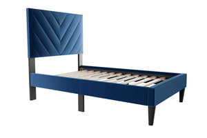 English Elm 1pc Twin Platform Bed Velvet Upholstered Adjustable Headboard V-stitch Blush Bedroom Navy Blue B011P415212