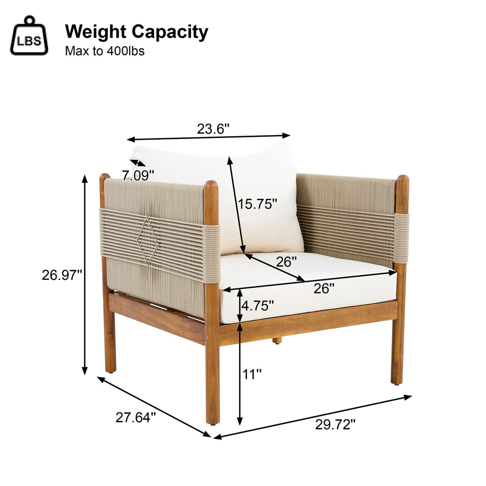 English Elm Outdoor Acacia Wood Patio Club Chair with Diamond Rope Weave and Weather Cushions Beige,Cream,Teak N768P361445T