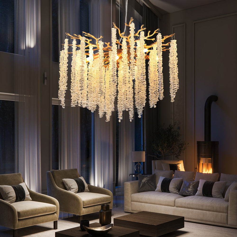 English Elm 24-inch Gold Iron Frame Chandelier with Crystal Strand Waterfall for Dining or Foyer W1340P232978