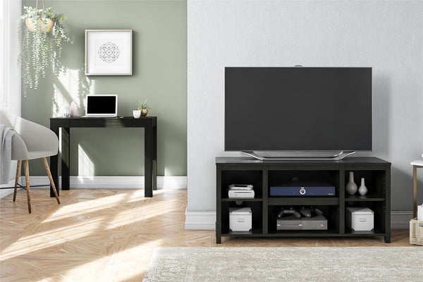 English Elm Parsons TV Stand for TVs up to 50" with ample open shelving, cord management, modern oak finish Black B2733P384489